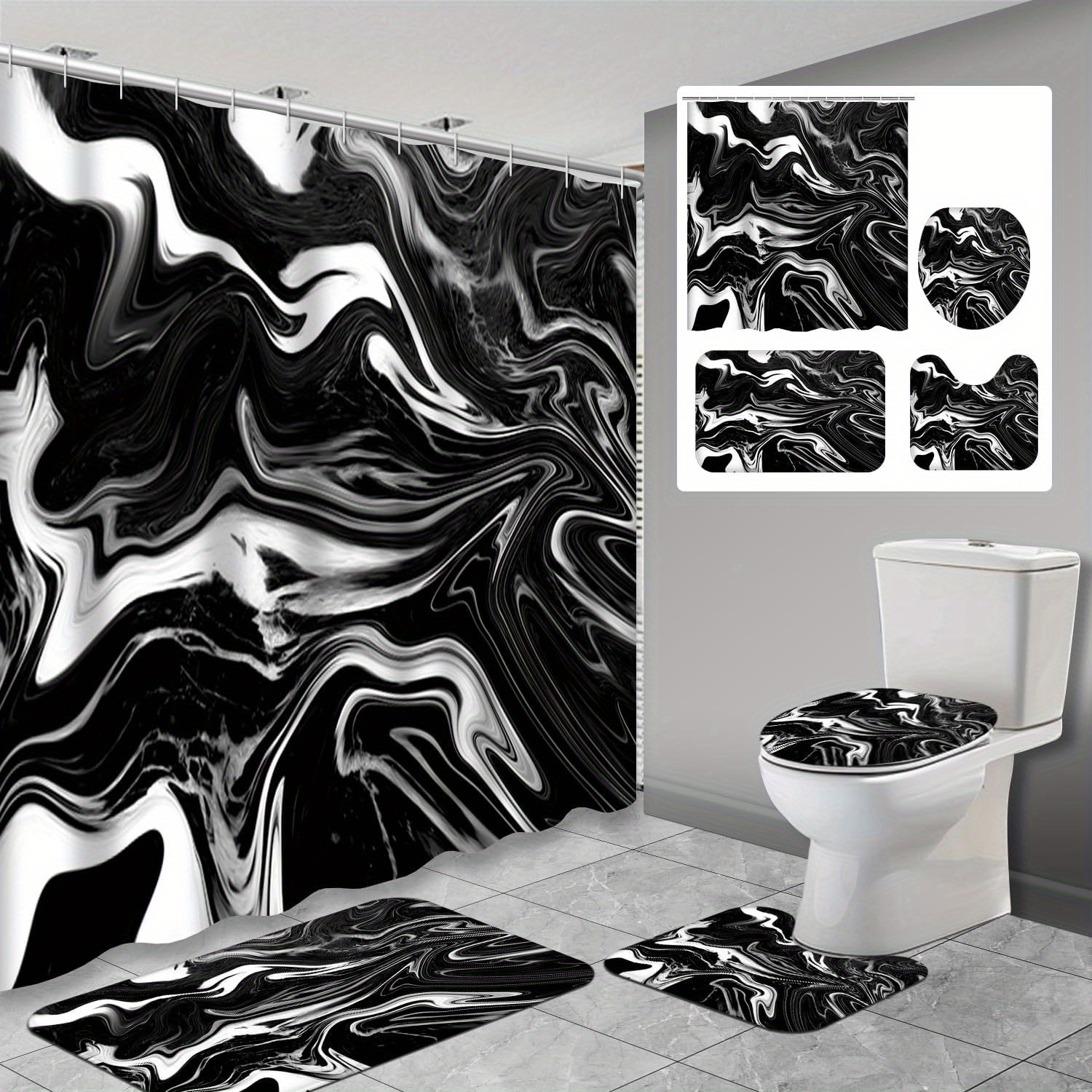 

4 Pcs Black Bathroom Shower Curtain Sets With Rugs, Marble Bathroom Sets With Shower Curtain And Rugs, Abstract Wave Bathroom Decor Sets With Mats And Towels