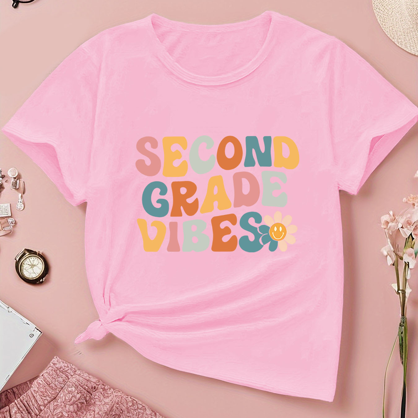 

Girls' Second Grade Vibes Daisy Print T-shirt, Short Sleeve Crew Neck, Casual Summer Top