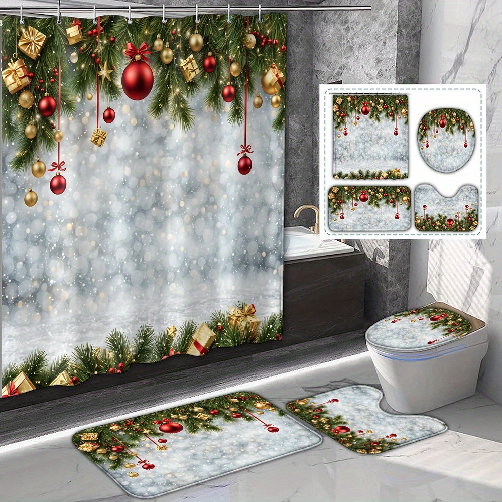 

Christmas Snowflake Print Shower Curtain Set With 12 Hooks: Includes Bath Mat, Toilet Seat Cover, And U-shaped Rug - Perfect For Festive Bathroom Decor