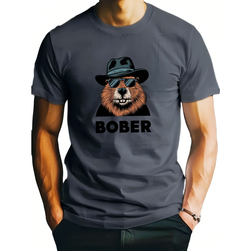 

Cool Beaver Wearing Hat Sunglasses Print Short Sleeve T-shirt For Male, Comfy Elastic Crew Neck Top, Men's Clothing For Summer Daily Wear & Outdoor Activities