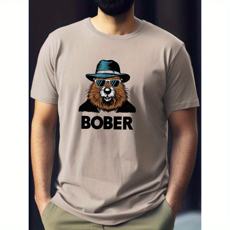 

Bober Words And Beaver Wearing Sunglasses Hat Print Short Sleeve T-shirt For Male, Comfy Elastic Crew Neck Top, Men's Clothing For Summer Daily Wear & Outdoor Activities