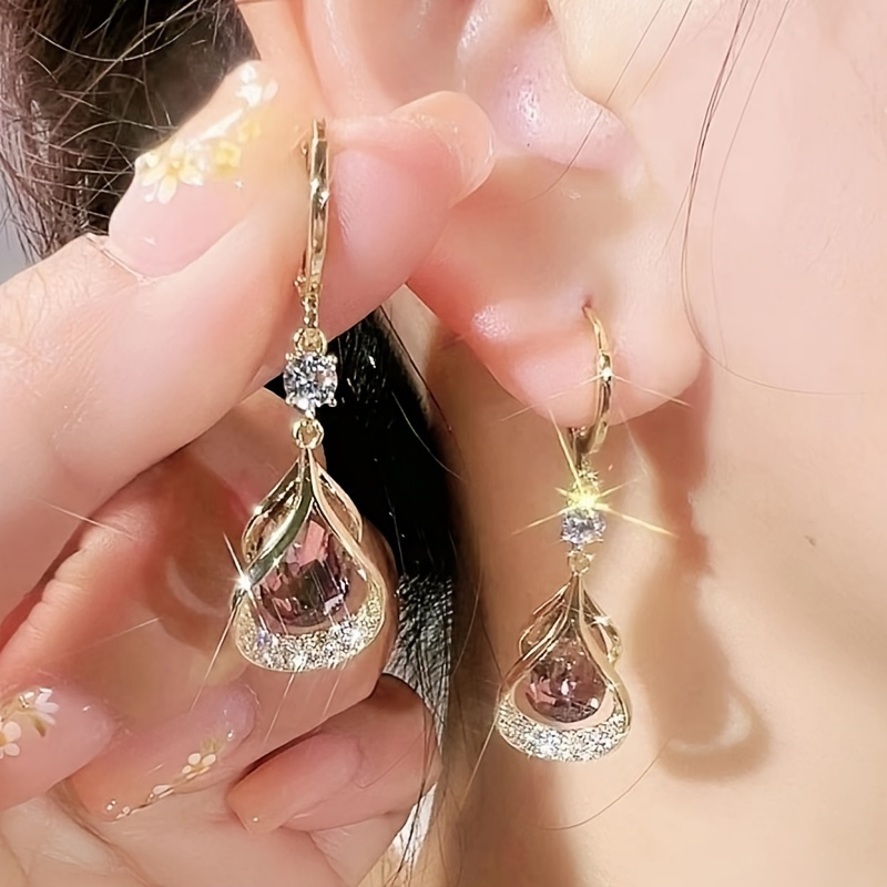 

1 Pair Elegant Fashionable Unique Droplet Shape Shiny Zirconia Inlaid Dangle Drop Earrings Women Party Jewelry