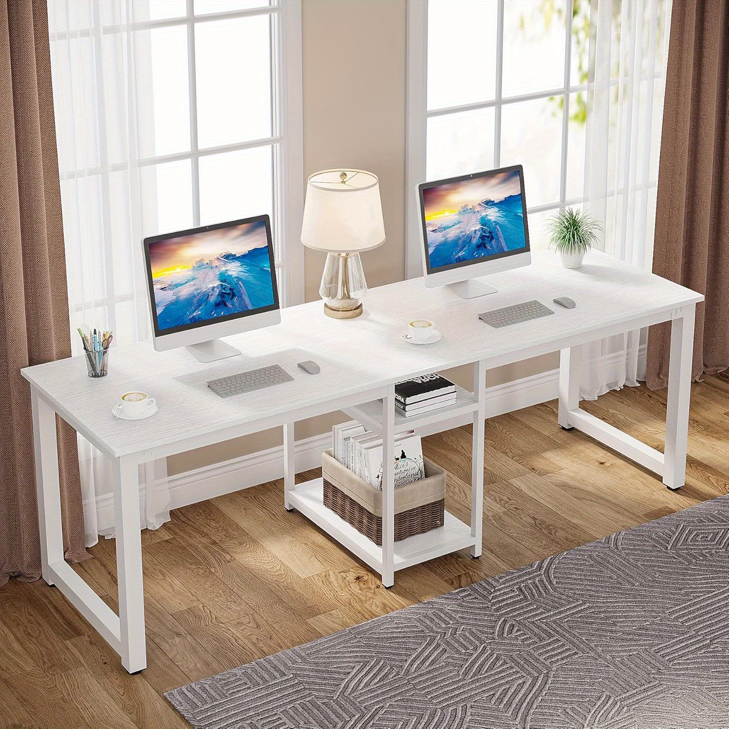 

Extra-large 78-inch Double Workstation Desk For Home Office - Two-person Computer Desk With Storage Shelf, Modern Study Table Desk