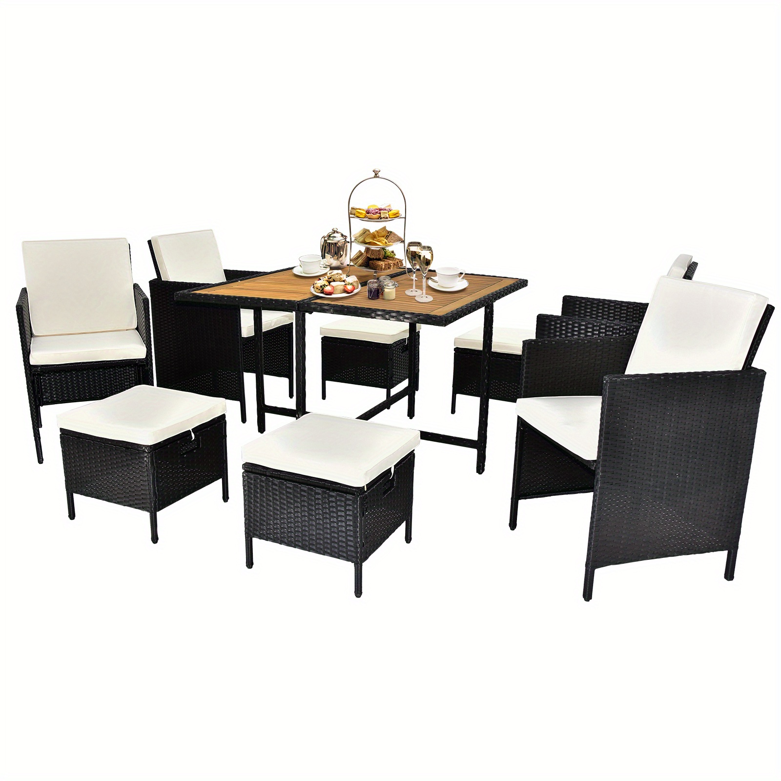 Acacia Wood Patio Dining Set Space Saving Wicker Chairs Soft - Temu