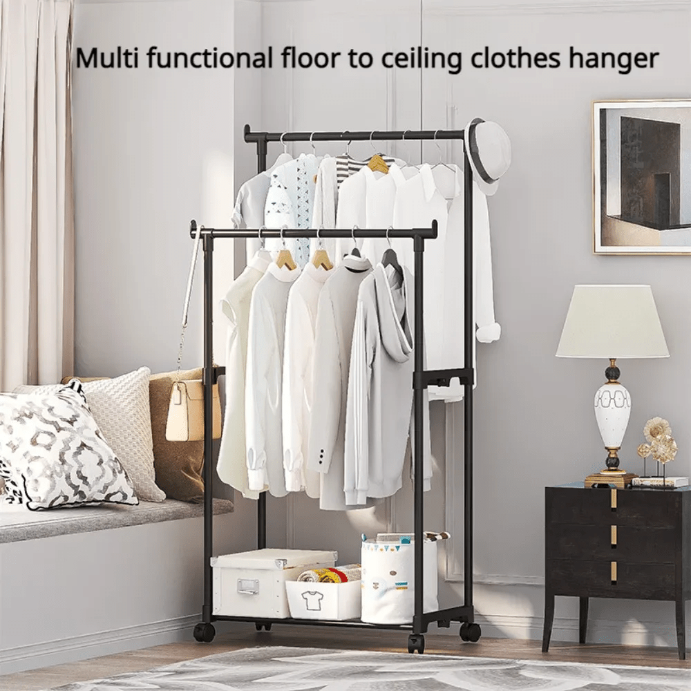 

Portable Dual-bar Garment Rack With Wheels, Freestanding Metal Clothes Hanger, Multipurpose Stainless Steel Clothing Organizer For Bedroom Storage