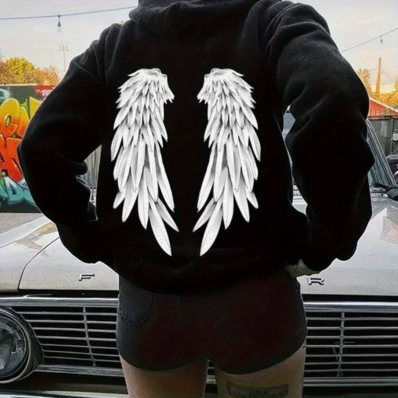 

Wings Print Hoodie, Drawstring Casual Hooded Sweatshirt For Fall & Spring, Women's Clothing