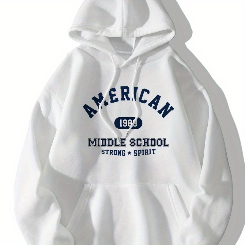 

Cozy Women's "american Middle School" Letter Print Hoodie - Casual Drawstring Pullover With Front Pocket, Long Sleeves, 100% Polyester, Machine Washable For Fall/winter, Oversized Hoodie