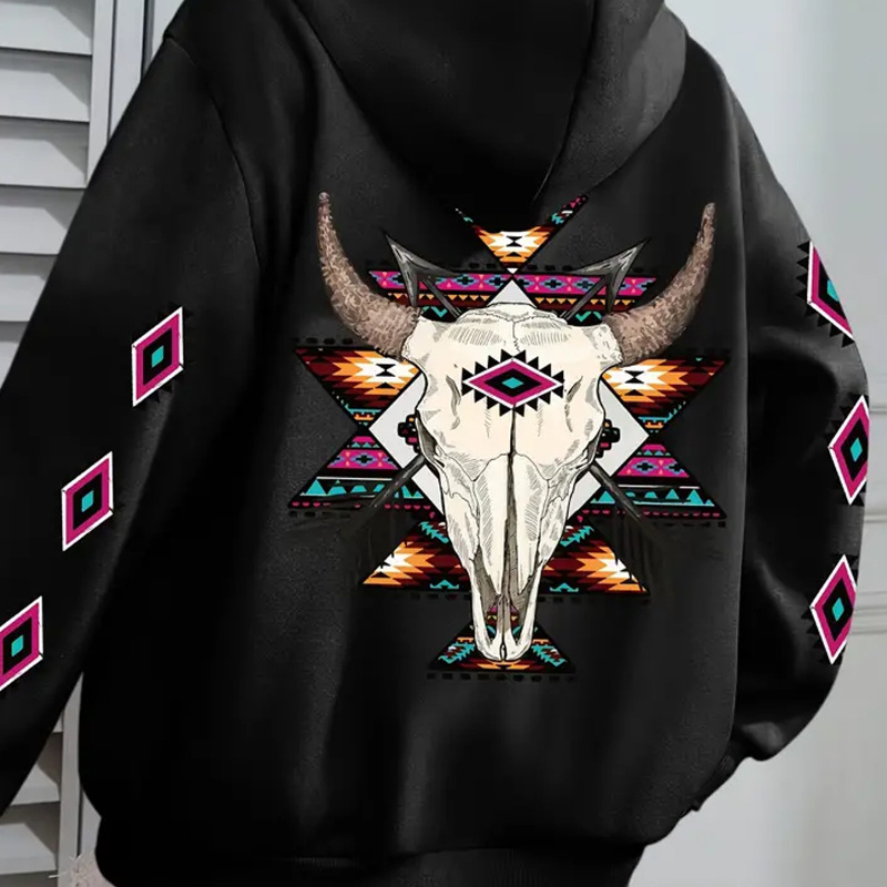 

Cow Head Print Kangaroo Pocket Hoodie, Casual Long Sleeve Drawstring Hooded Sweatshirt For Winter & Fall, Women's Clothing