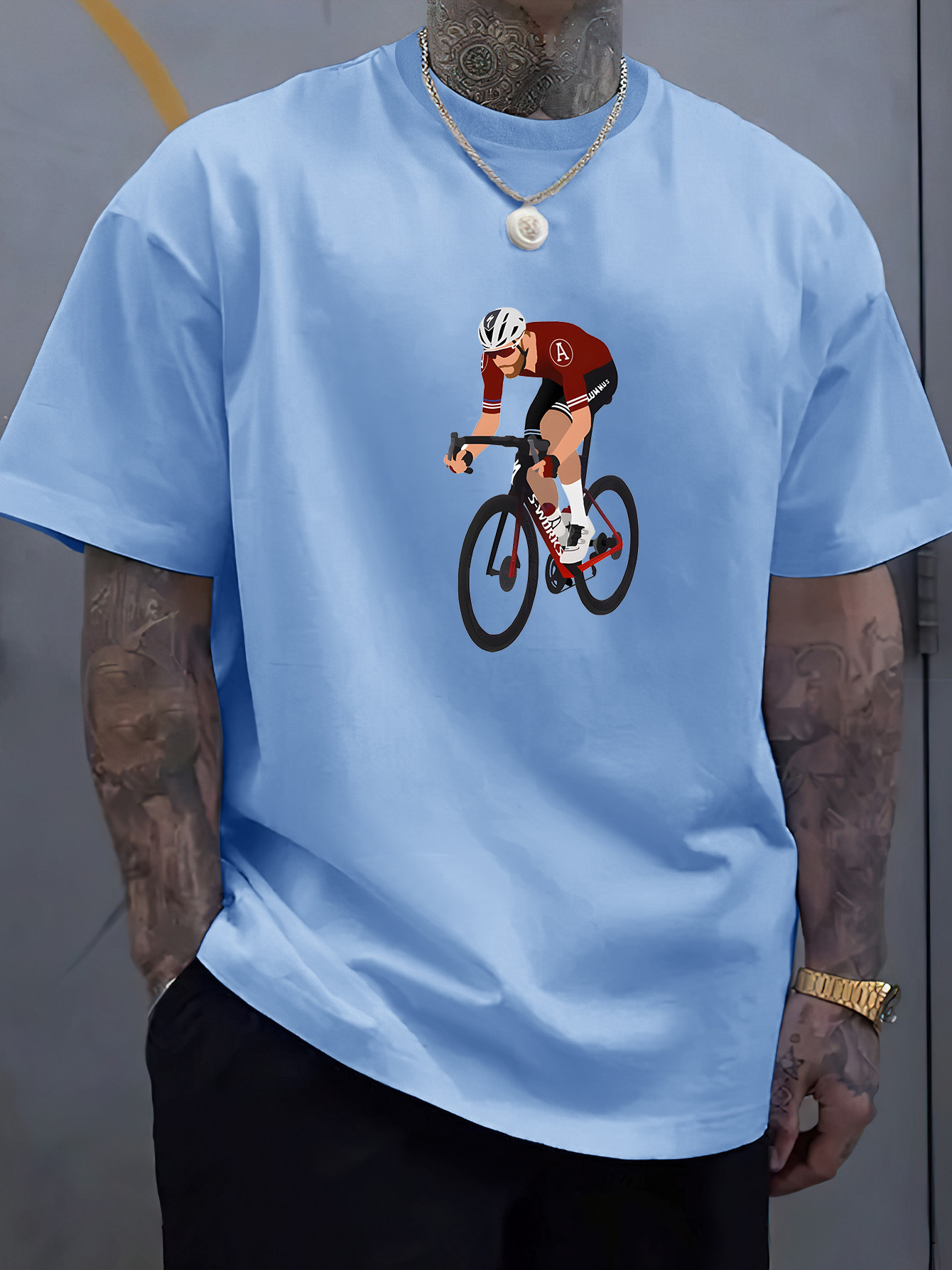 Man Riding Bicycle Graphic Print *'s Crew Neck Short Sleeve Tees,  Breathable Polyester Fabric T-shirt, Casual Comfortable Lightweight Top For  Summer
