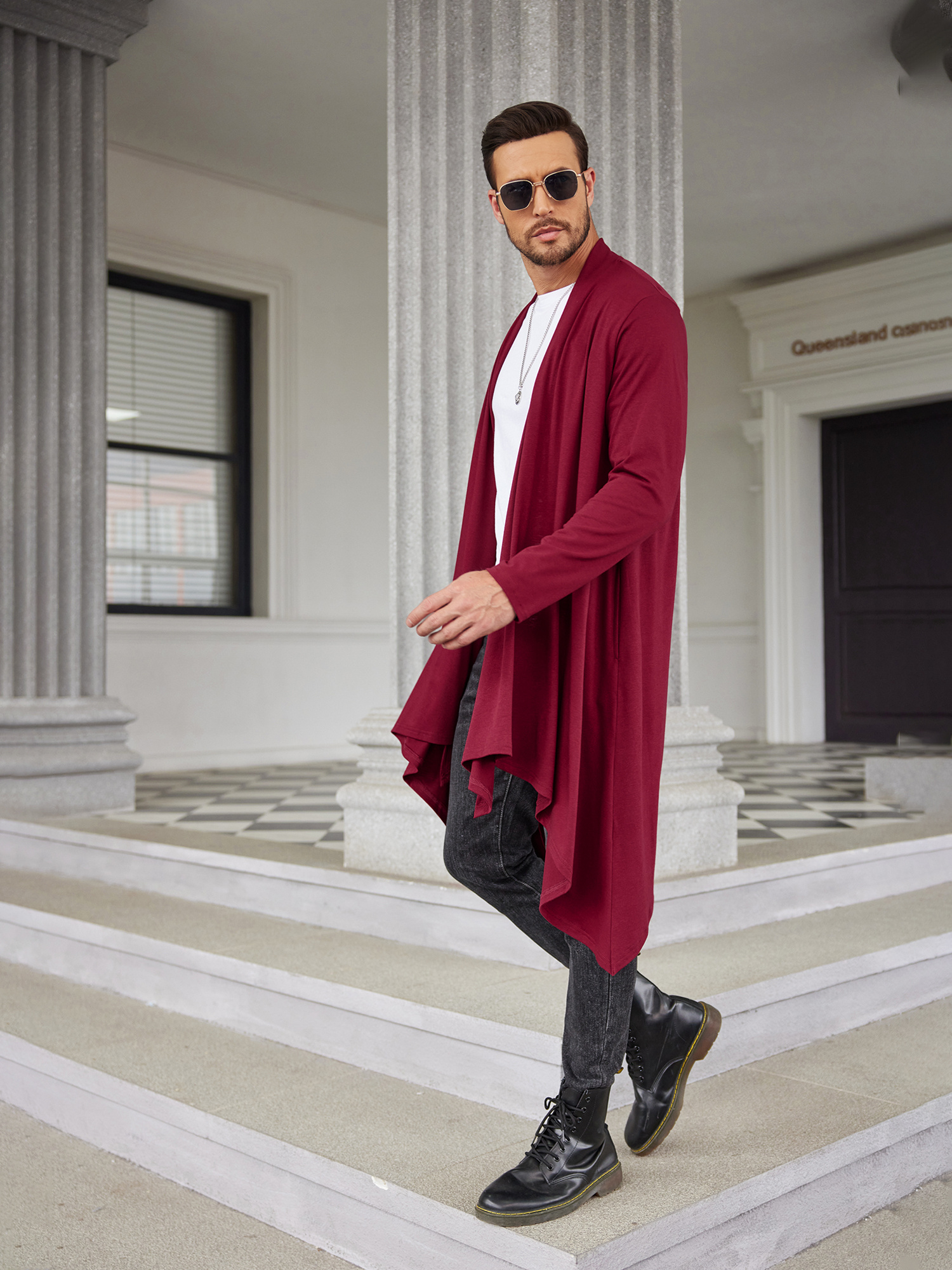 Mens Cardigan Long Lace Up Hooded Cardigan Pockets Wassery Men