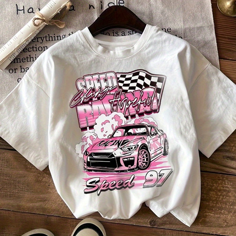

Car Print T-shirt, Short Sleeve Crew Neck Casual Top For Summer & Spring, Women's Clothing