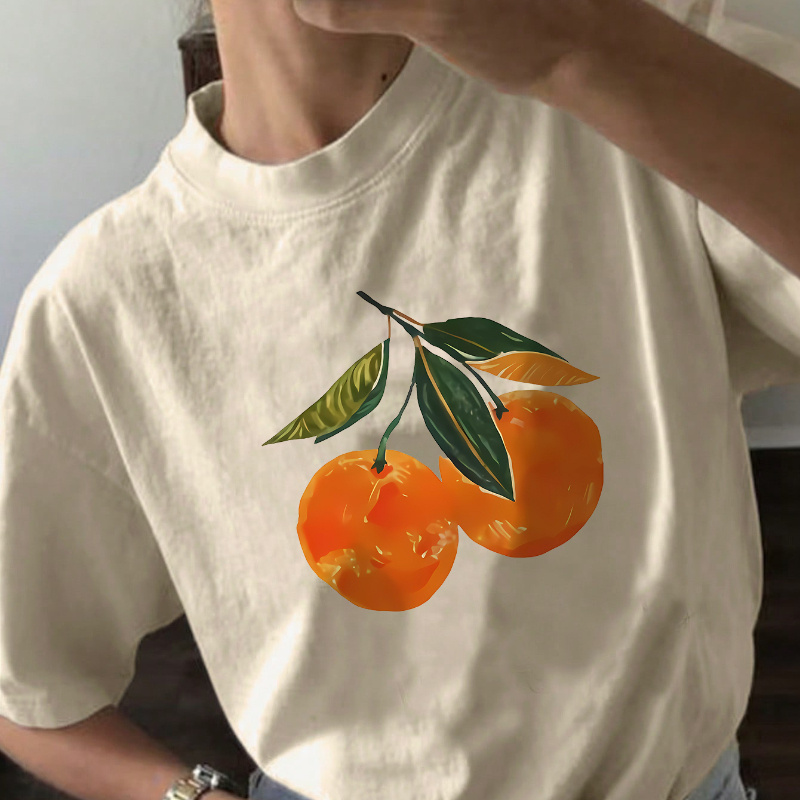 

Orange Print T-shirt, Short Sleeve Crew Neck Casual Top For Summer & Spring, Women's Clothing