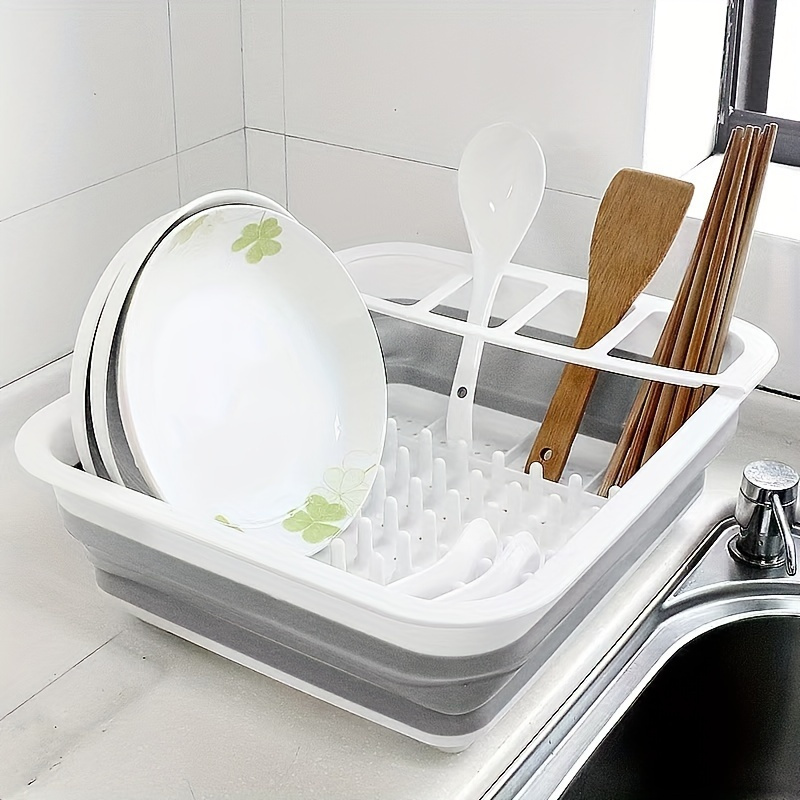 collapsible dish drying rack set with utensil holder   pvc polyester fiber stackable space   kitchen organizer for 14 age group multi use dish drainer bowl tableware fruit basket for home and commercial use 1pc details 6