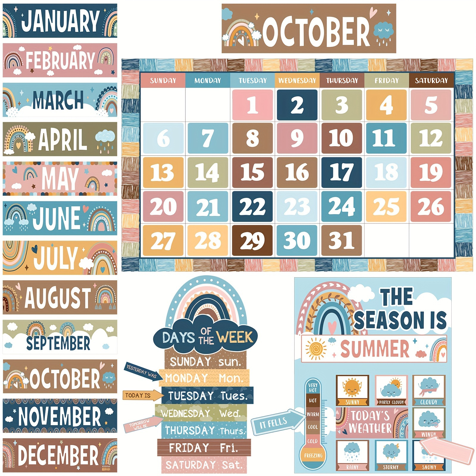 

Bohemian Style Colorful Calendar And Weather Cards Set For School Decor - 61 Pieces