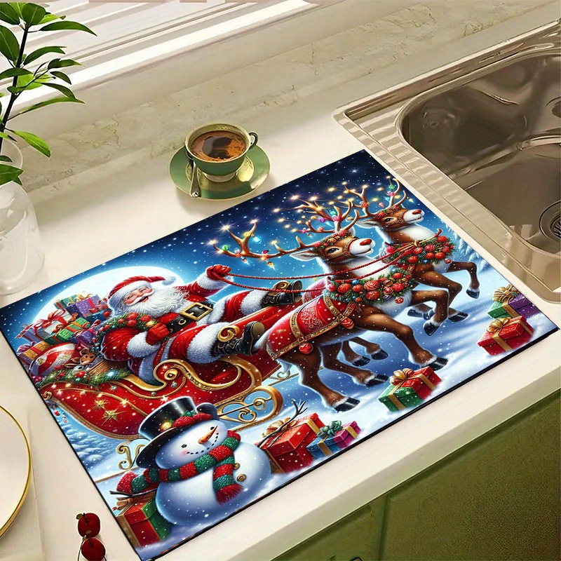 

1pc Christmas Theme Polyester Dish Drying Mat For Kitchen Counter - Reusable, Quick-dry, Non-slip, Heat Resistant, Absorbent, Easy Clean Tableware Pad For Coffee Machines, Countertops & Appliances