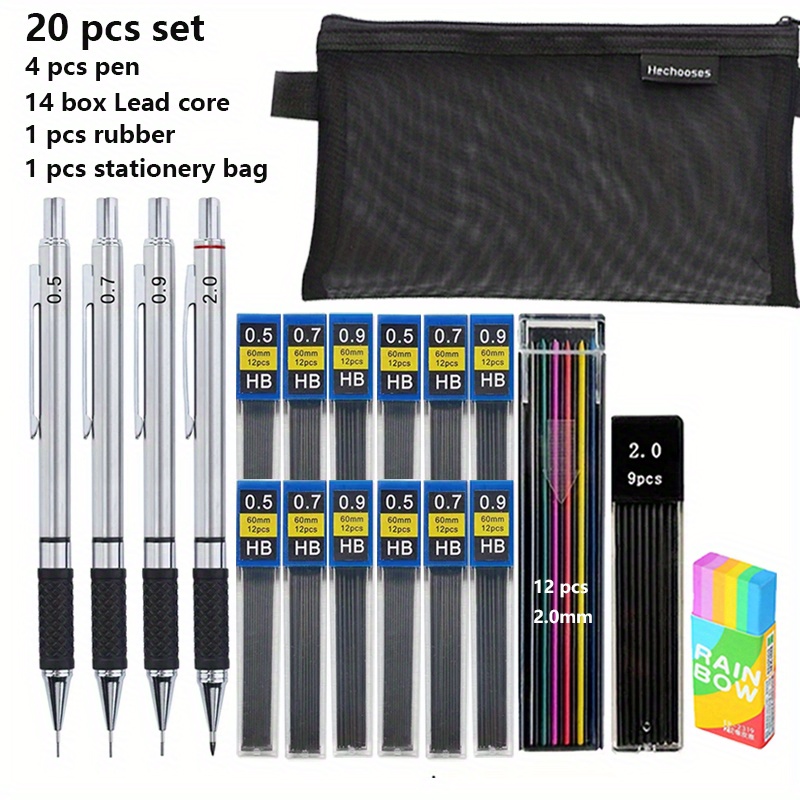 TEMU Mechanical Pencil Set With - 0.5/0.7/0.9/2.0mm Leads, Anti-slip Metal Barrel For Drawing & Sketching - And Stationery Kit