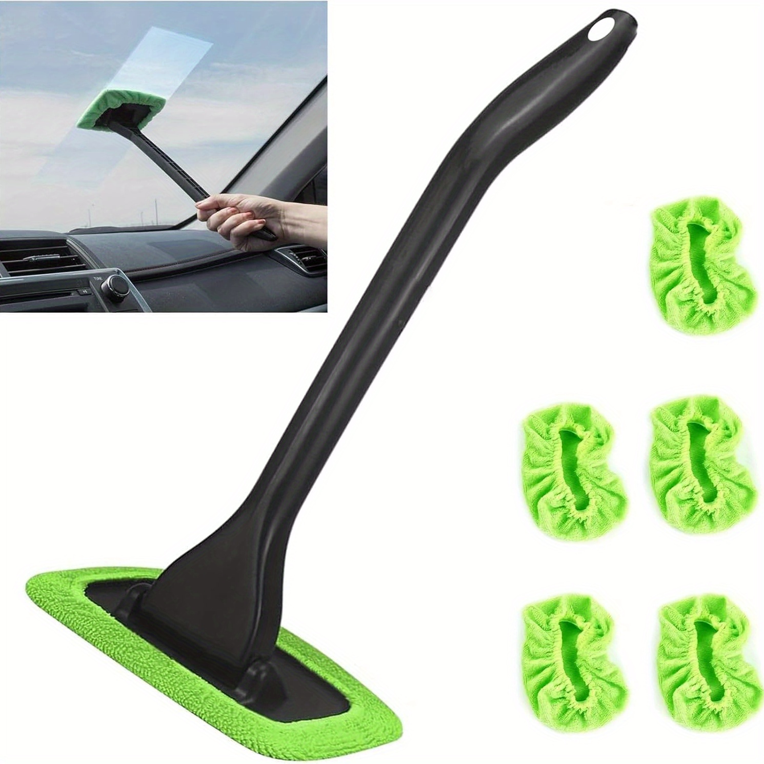 TEMU 5pcs Windshield Cleaning Wand With Reusable Cloth Pads & Brush Attachments - Heavy-duty Car Window Washer Tool, For Auto, Windshield, Mirrors, Roof (no Wipes/) - Interior/exterior Use (green)