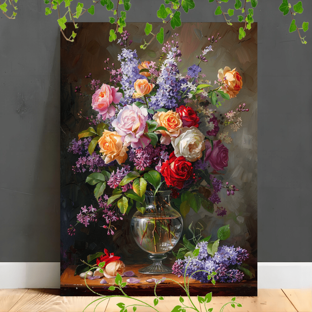 

1pc Wooden Framed Canvas Painting Artistic Printing, Corridor Home Living Room Decoration Suspensibilityvase Of Flowers With Roses And Lilacs, Classic Style