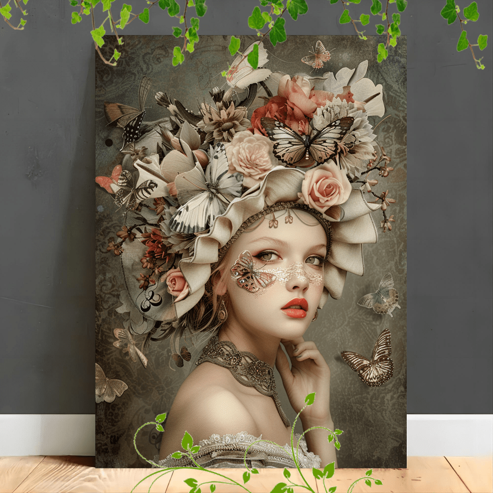 

1pc Wooden Framed Canvas Painting Artistic Printing, Corridor Home Living Room Decoration Suspensibilitywoman With Elaborate Headdress Adorned With Flowers And Butterflies