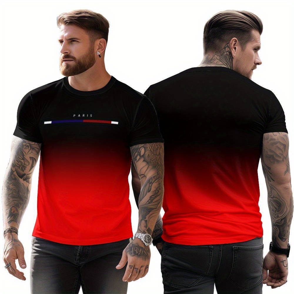 

[lightweight] Men's Paris Print Gradient T-shirt - Casual Round Neck, Short Sleeve, Polyester , Machine Washable, Ideal For Spring/fall