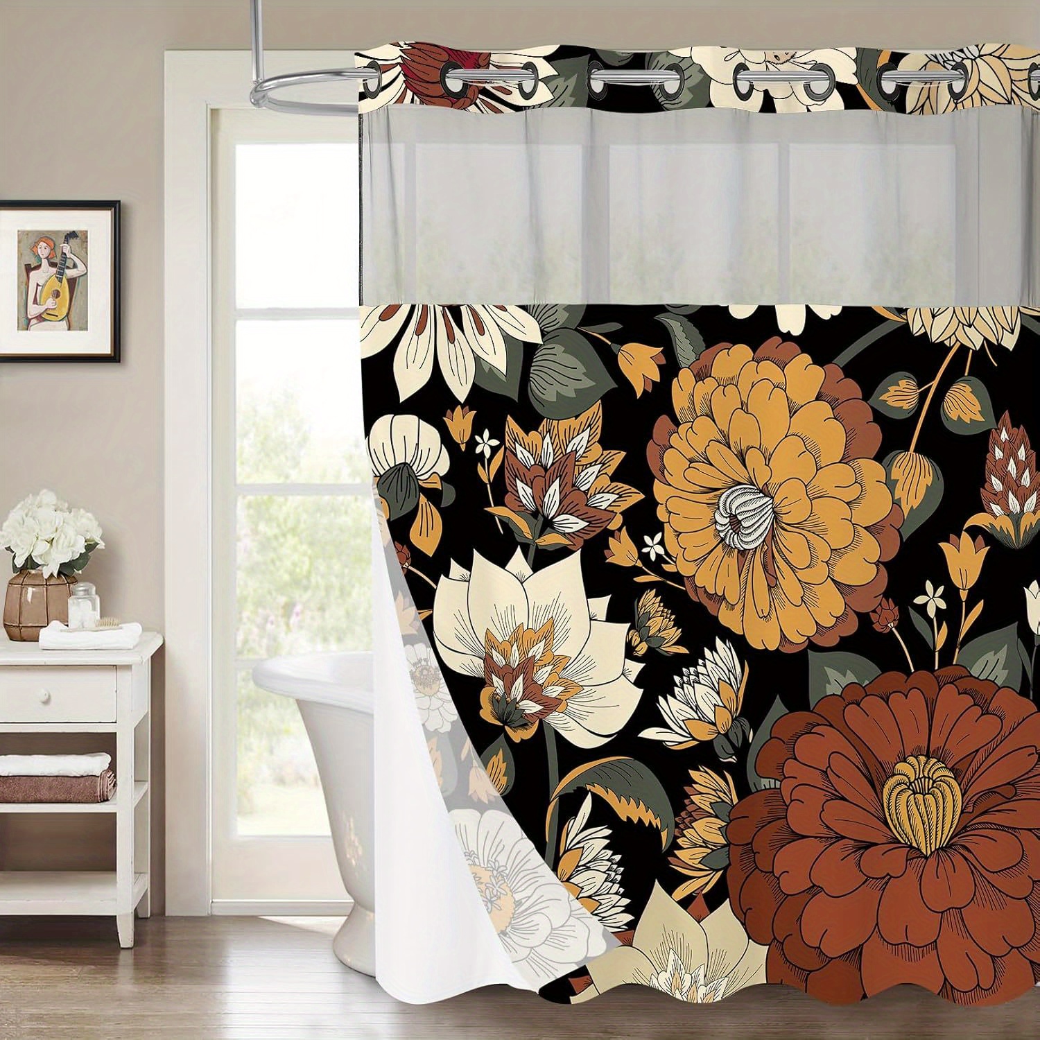 

1pc No Hooks Needed Boho Floral Shower Curtain Set With Snap-in Liner, Modern Abstract Heavy Duty Fabric Cloth Shower Curtain For Neutral Luxury Mid-century Bathroom Decor