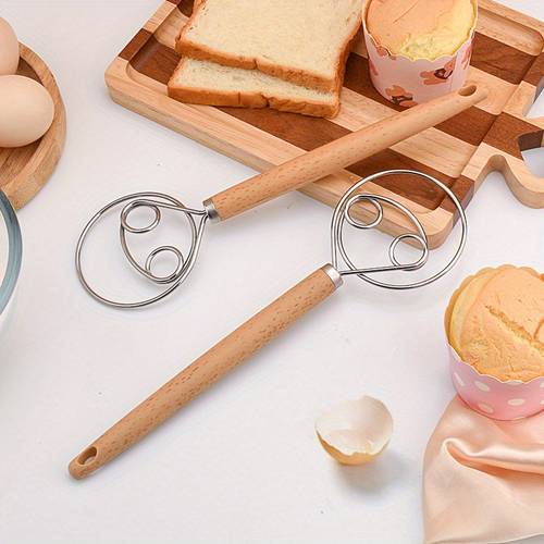 stainless steel danish dough whisk hand mixer and dough blender for bread pastry and pizza dough manual kitchen baking tool with wooden handle food contact safe