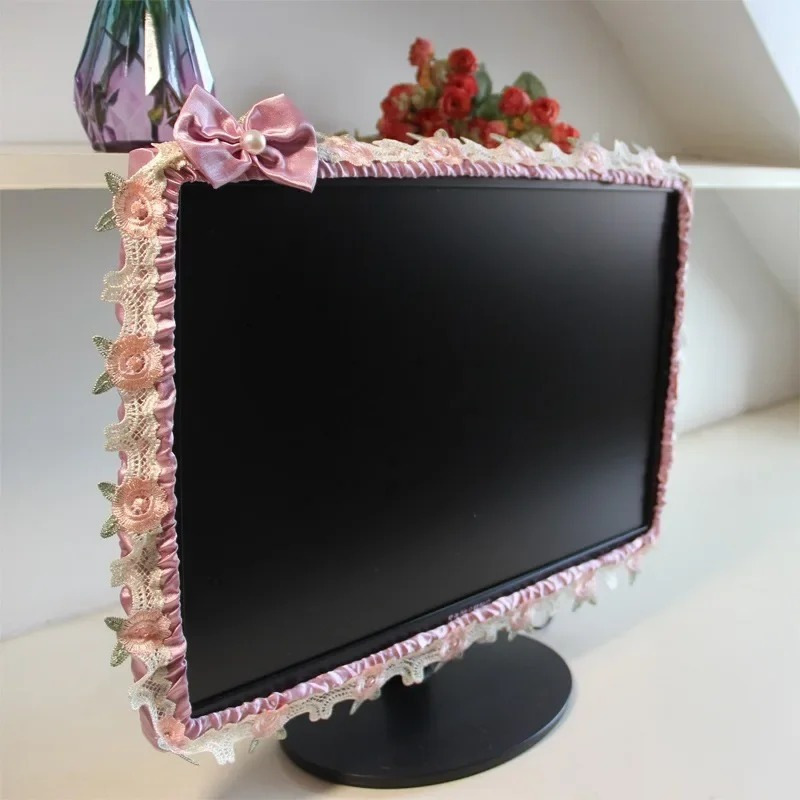 

Lace Tv Monitor Dust Cover With Polyester Fiber, Floral Screen Protector With Bow Decoration, Universal Fit For 17-26 Inch Displays - Home Decor With