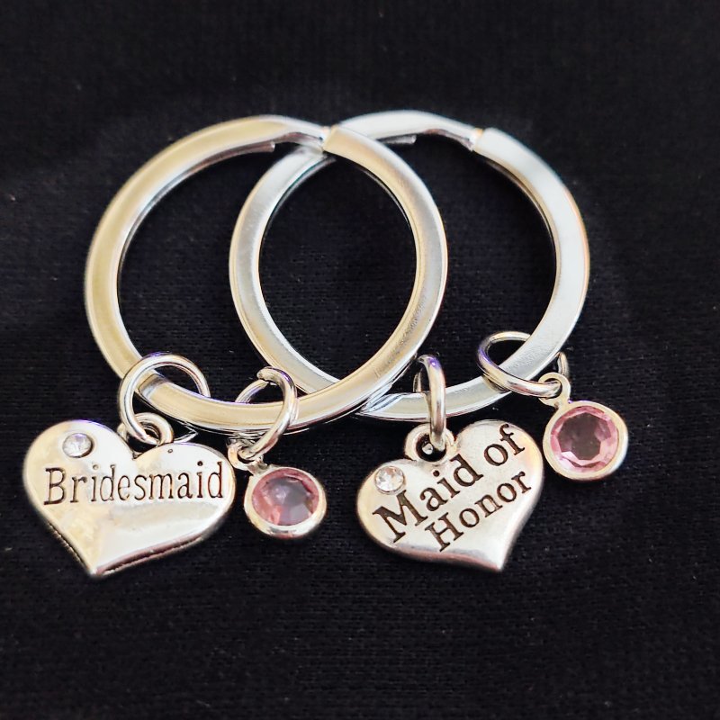 

Bridesmaid Keychain With Heart Charm And Pink Stone - Perfect Wedding Gift For The Bridesmaid