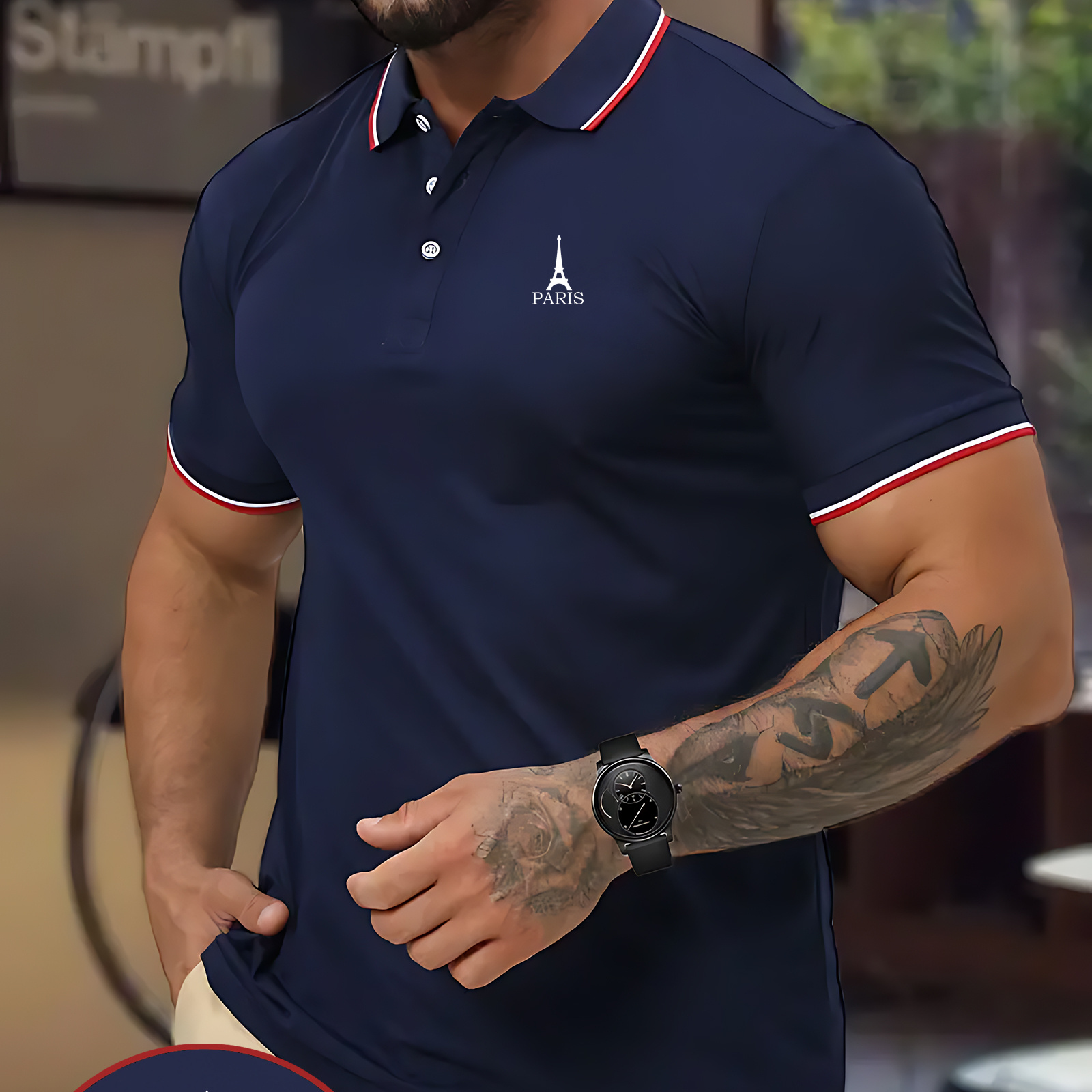 

Parisian Style Men's Polo Shirt: Geometric Pattern, Short Sleeves, And Comfortable Knit Fabric