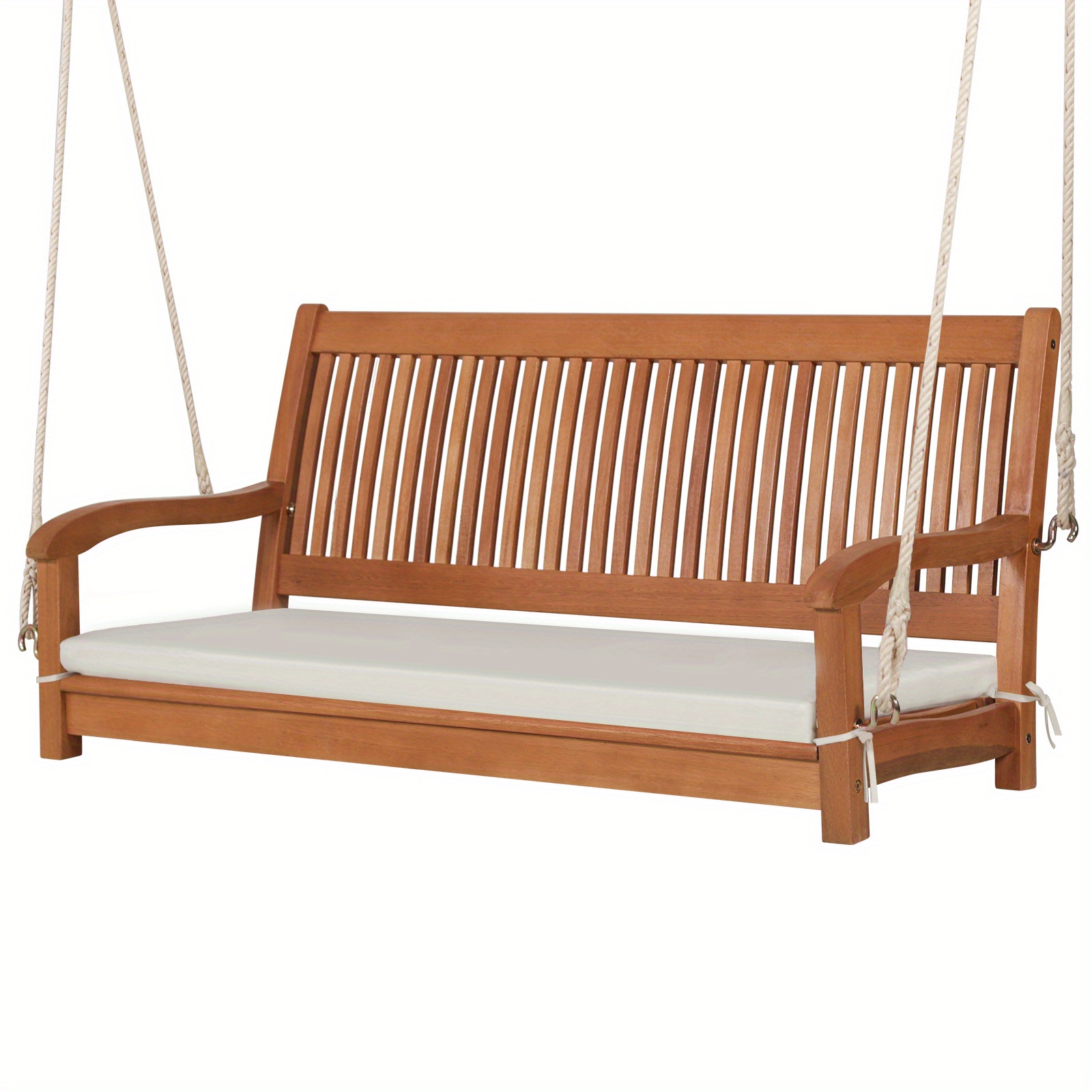 

Lifezeal 2-person Hanging Porch Swing Wood Bench With Cushion Curved Back Outdoor Natural