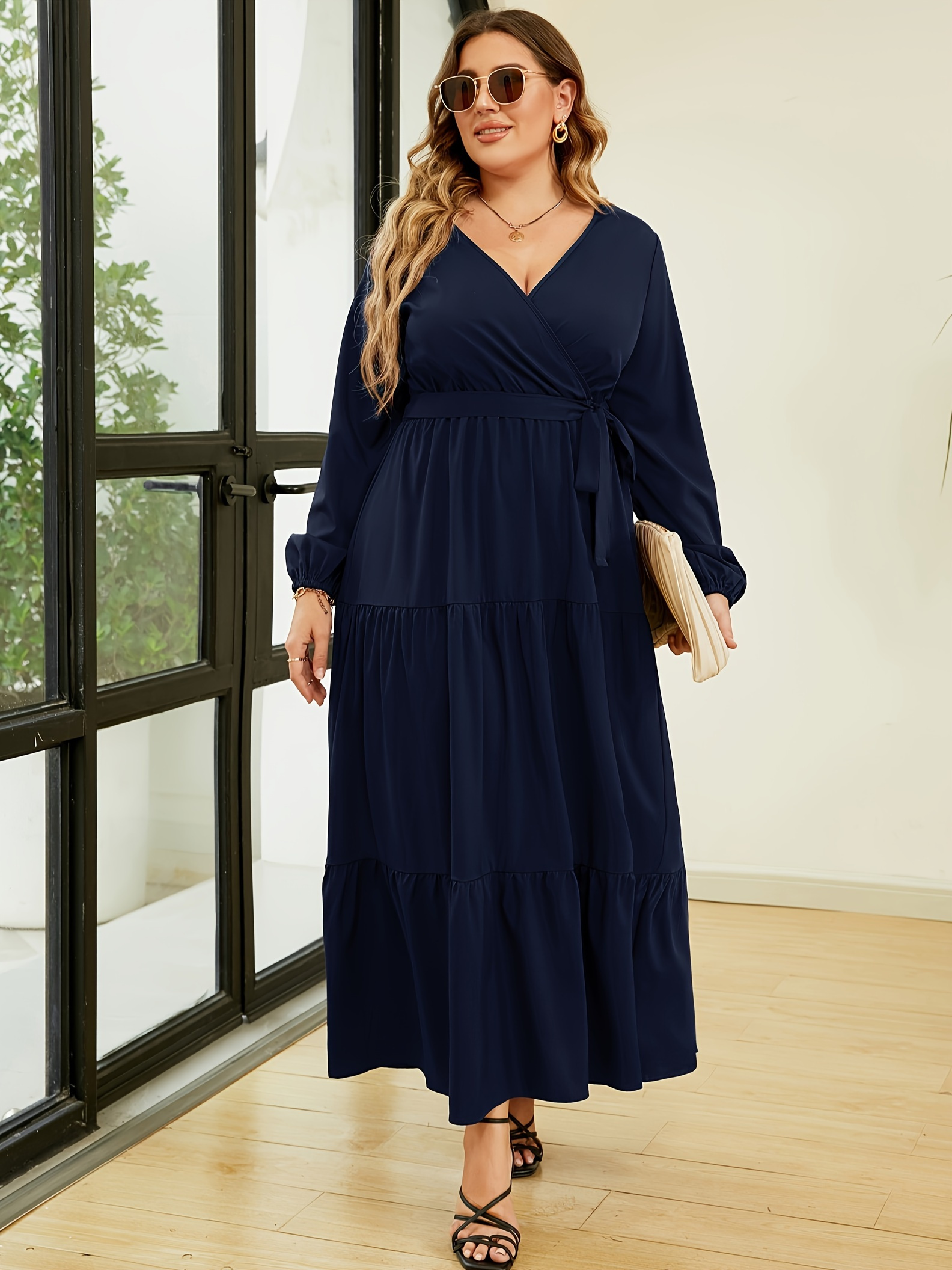 long sleeve boho maxi dress plus size Freevana Plus-Size Ladies' Beige Autumn Boho Maxi Dress Flower-Printed  V-Neck Long-Sleeved Flowy Cozy Fit Tea Party Holiday Outfits Slouchy Casual  Style Dress