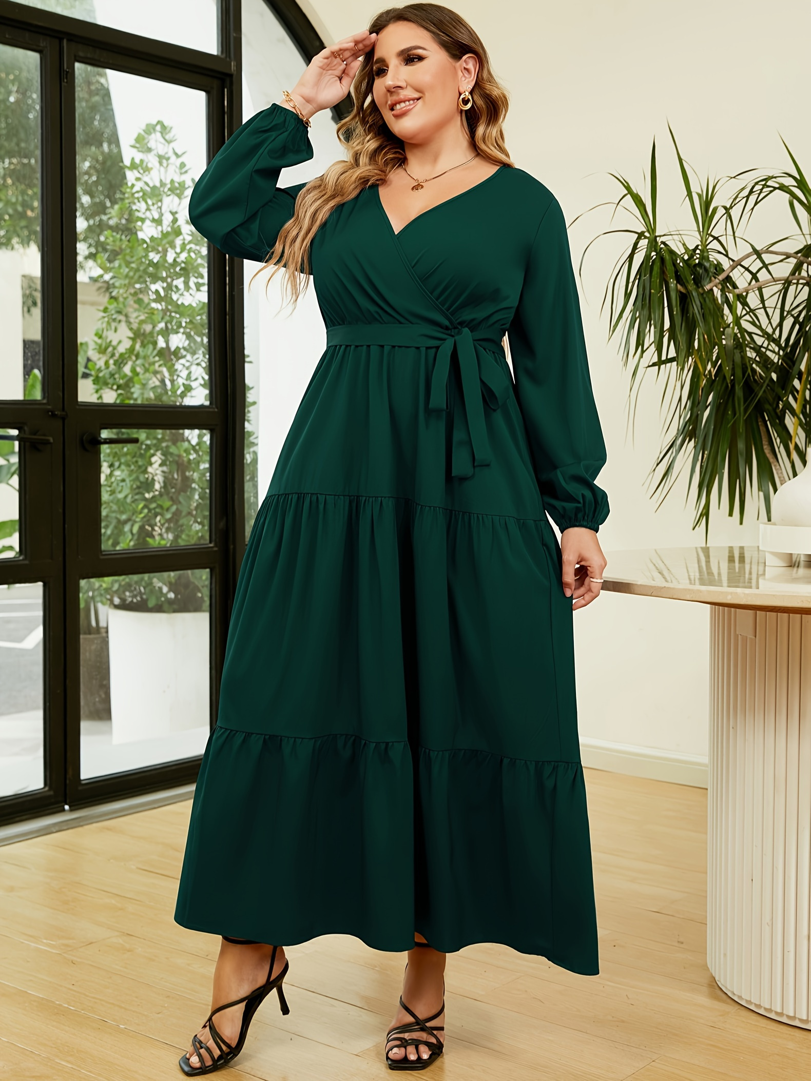 plus size allover print midi dress boho v neck long sleeve - Temu