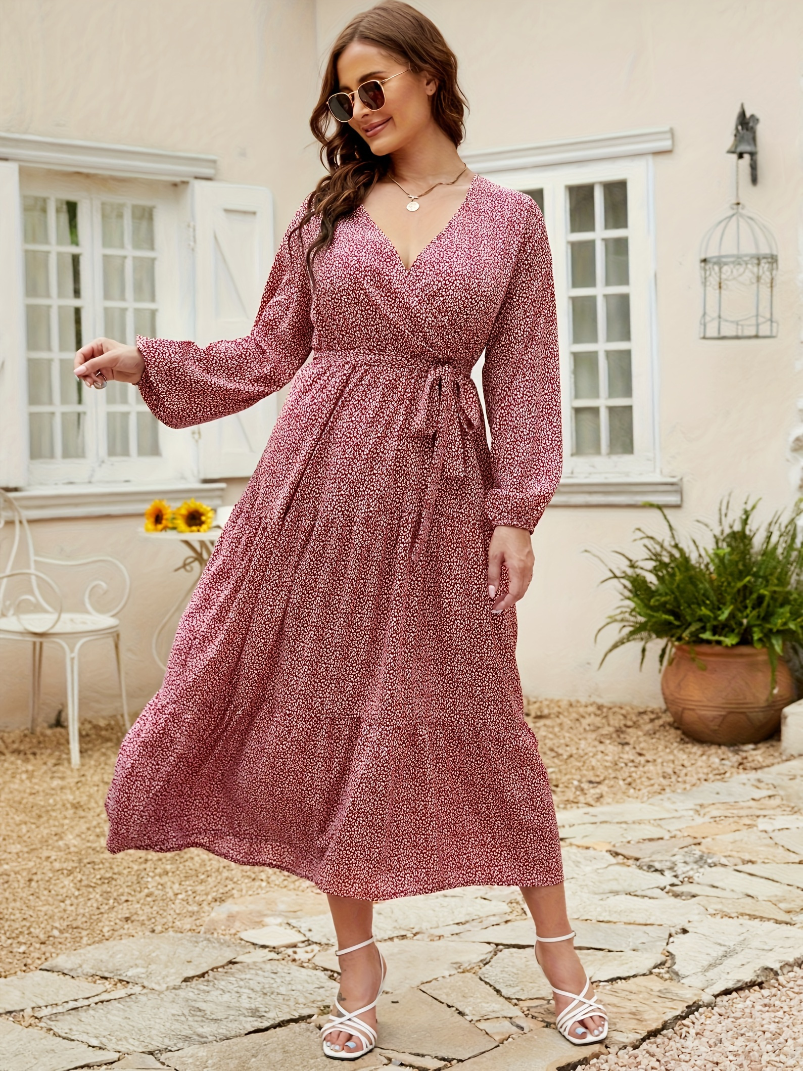 plus size allover print midi dress boho v neck long sleeve - Temu