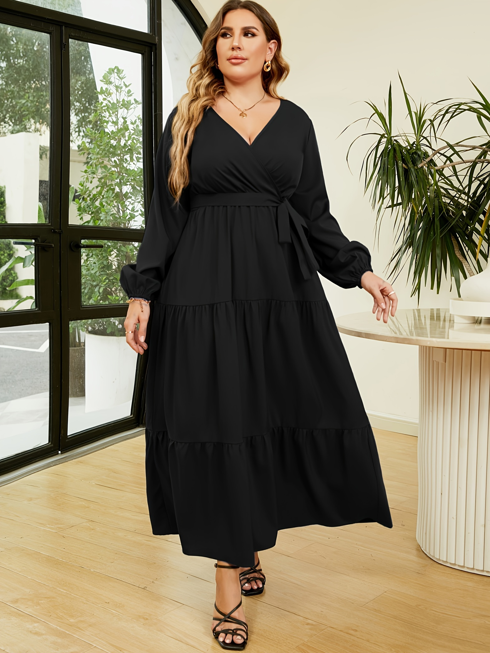 Robe mi-longue imprimée taille, robe bohème à col et manches longues  avec ceinture, vêtements taille pour femmes