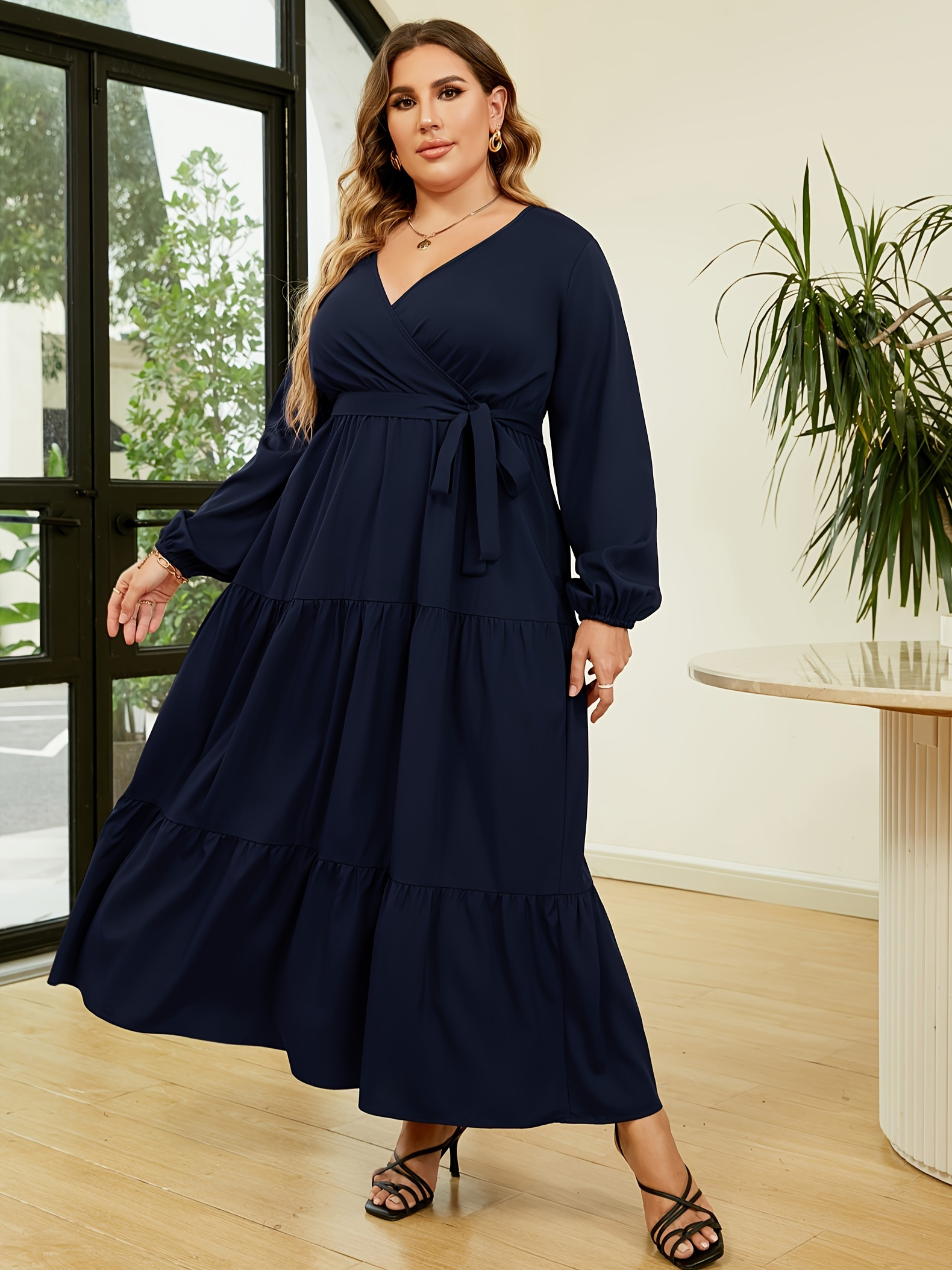 Plus Size Allover Print Midi Dress, Boho V Neck Long Sleeve Belted Dress,  Women's Plus Size Clothing
