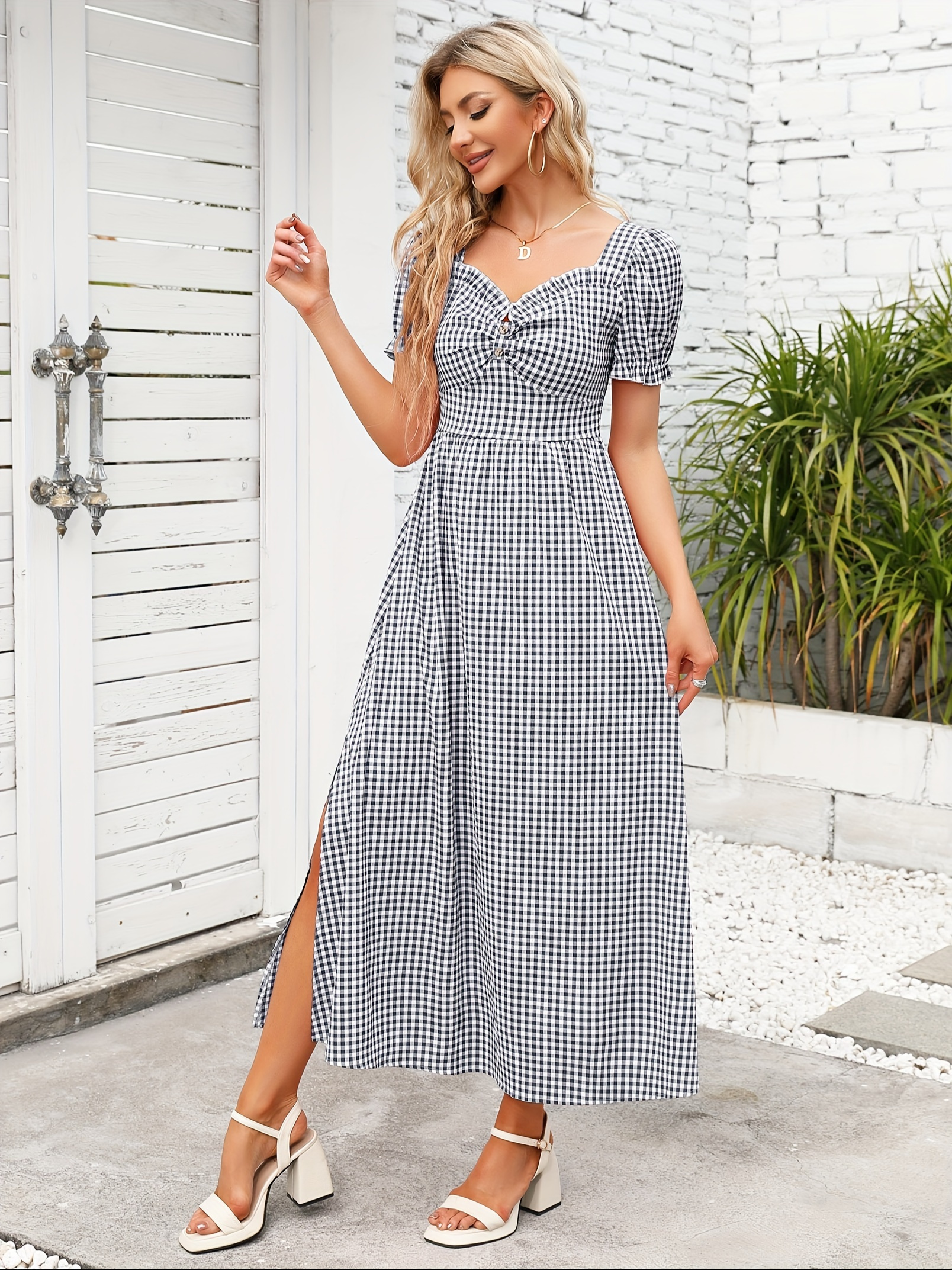 womens green gingham check maxi dress puff sleeves casual - Temu