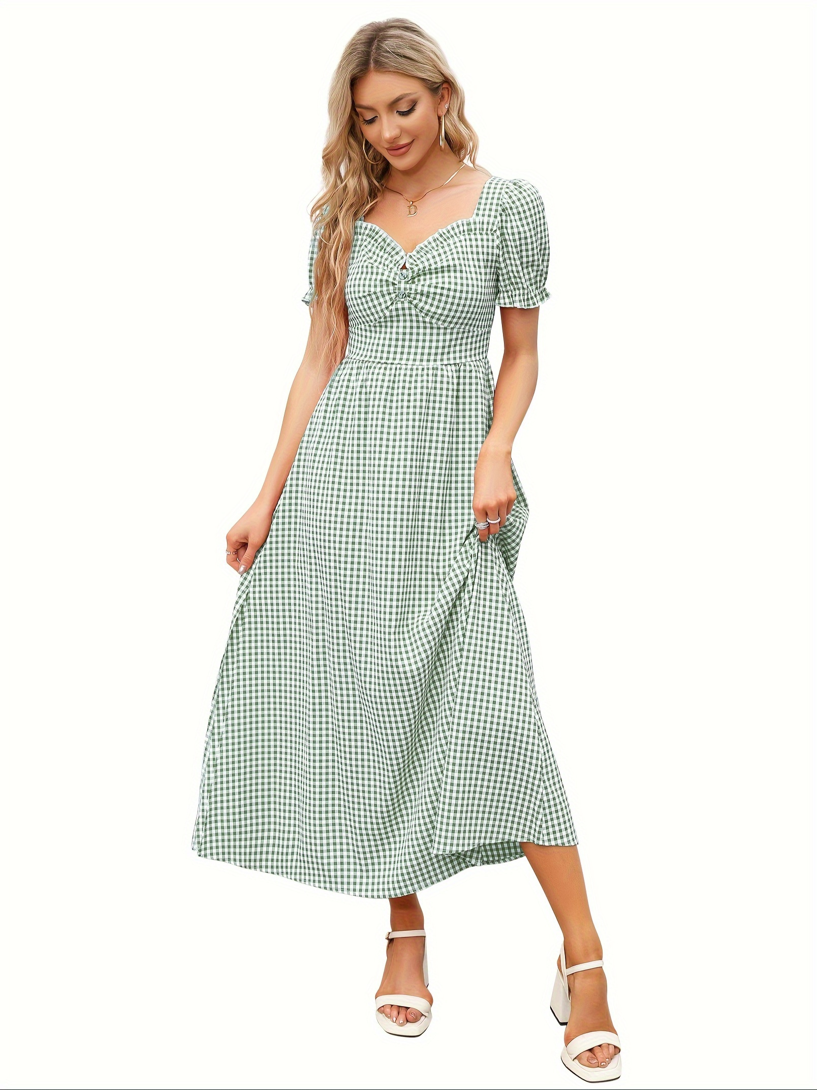 slim fit dress slacks Unique Vintage Green Plaid Belted Cotton Shirt Dress main image 0