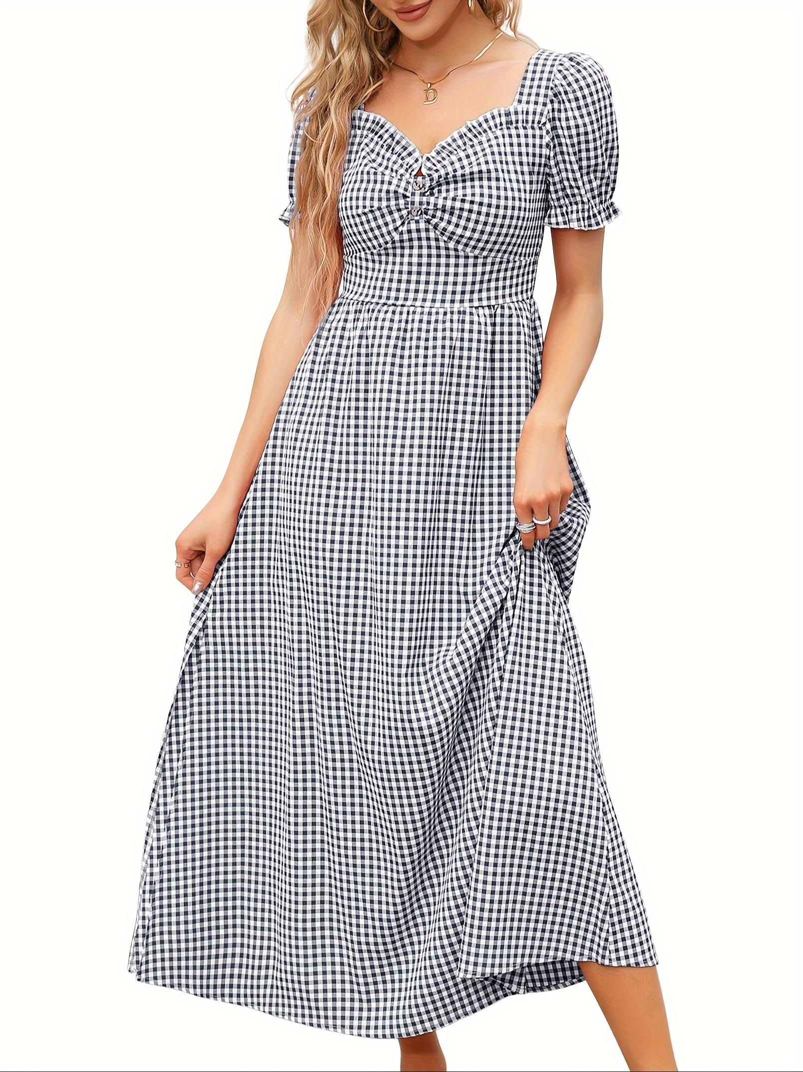 fitted lace wedding dress Beige Smocked Gingham Maxi Dress main image 0