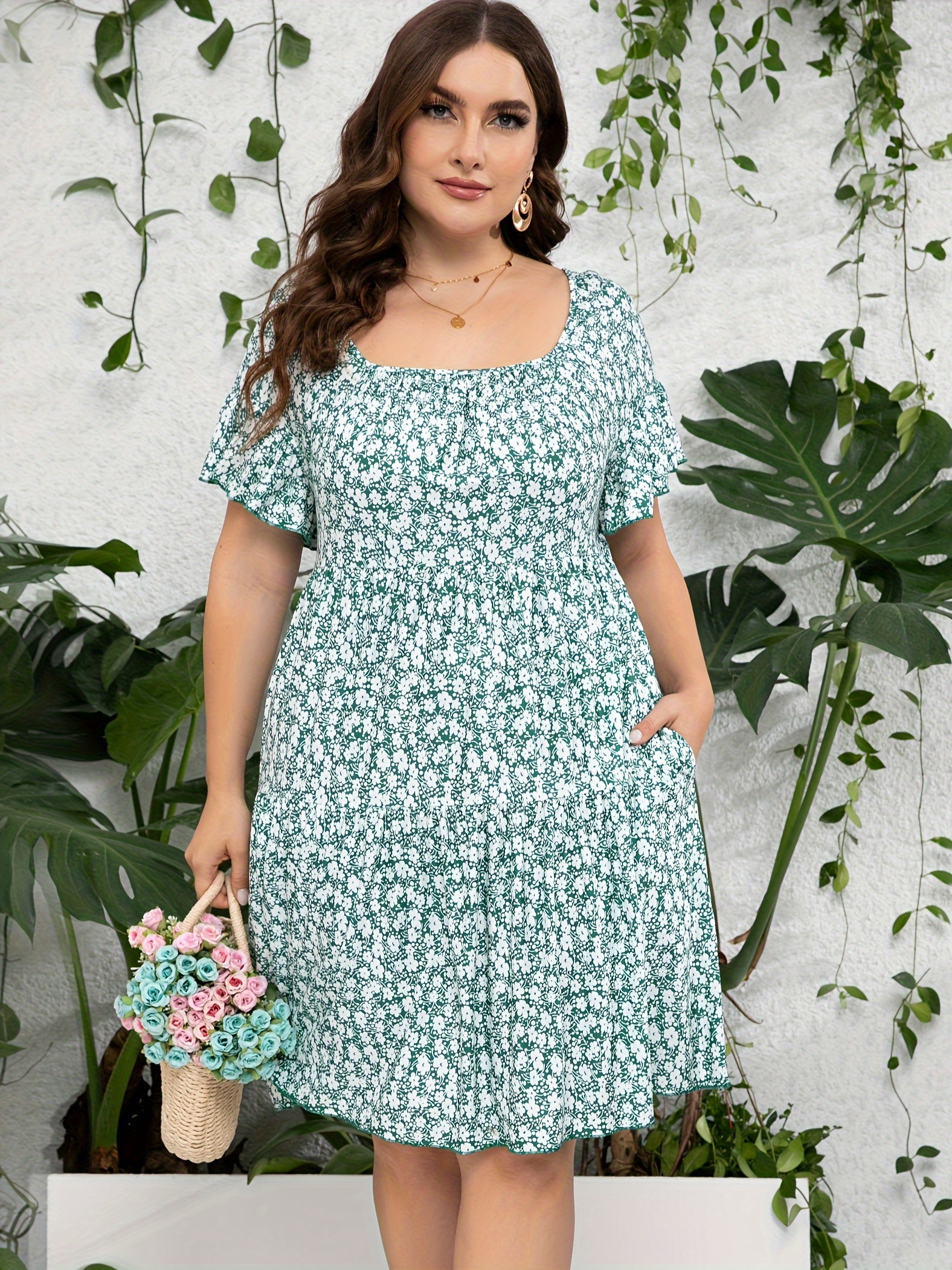 plus size short floral dresses WhizMax Women's Plus Size Floral Summer Dresses for Women V Neck High Waist  Dress A Line Midi Short Sleeve Dress