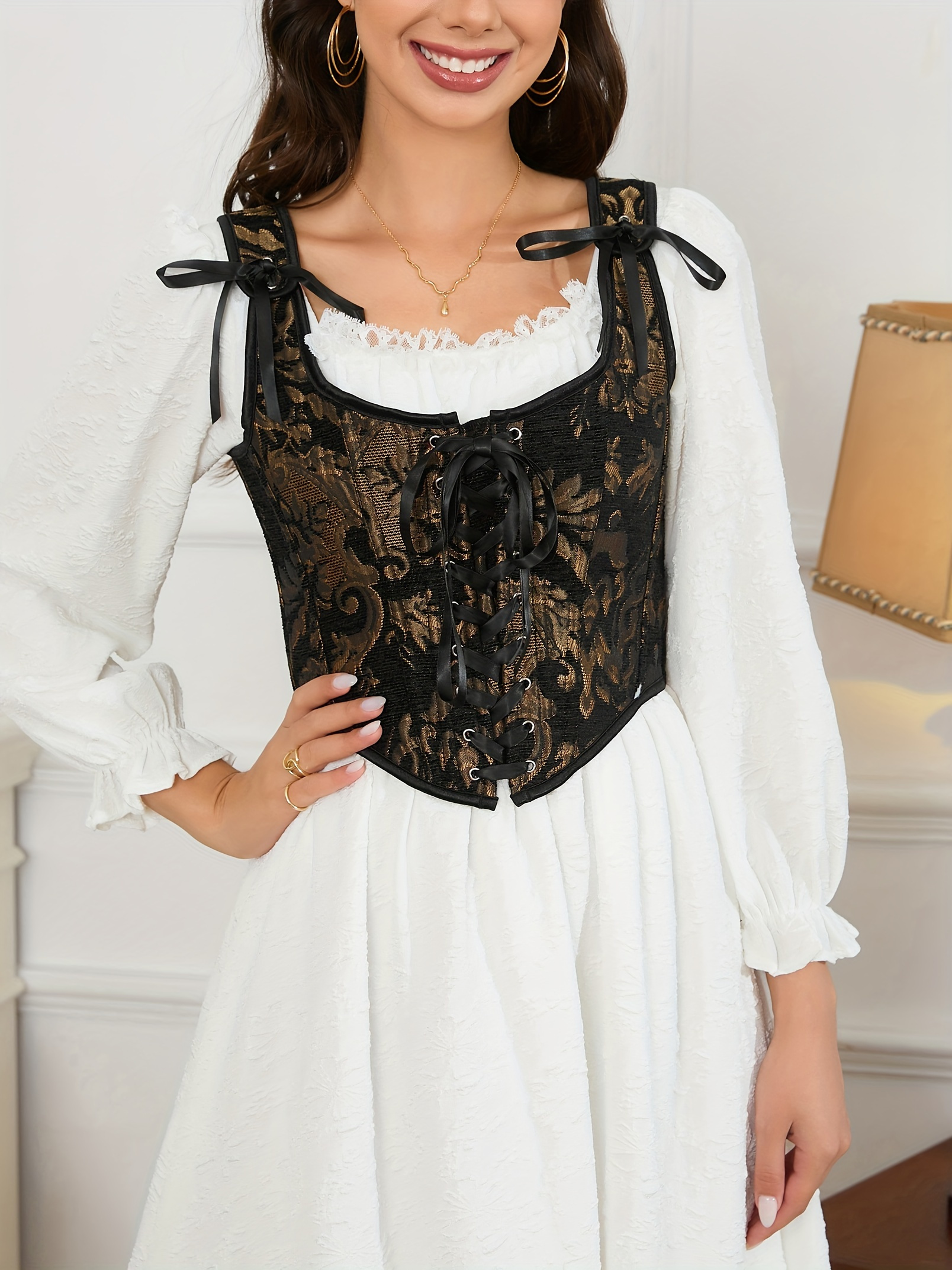 womens vintage floral corset lace fishbone print vest - Temu
