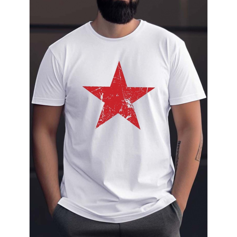 

Red Star Print Slim Fit Short-sleeve, Simple T-shirt For Summer, Men's Round Neck Short-sleeve T-shirt, Casual T-shirt, Casual Comfortable Lightweight Top