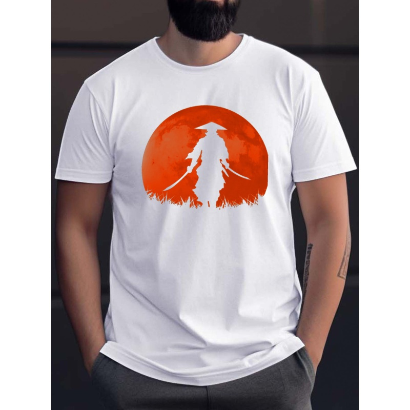 

Men's Casual Short Sleeve T-shirt With Japanese Art Print - Breathable Polyester, Crew Neck, Non-transparent, Summer Tee For Outdoor Activities &