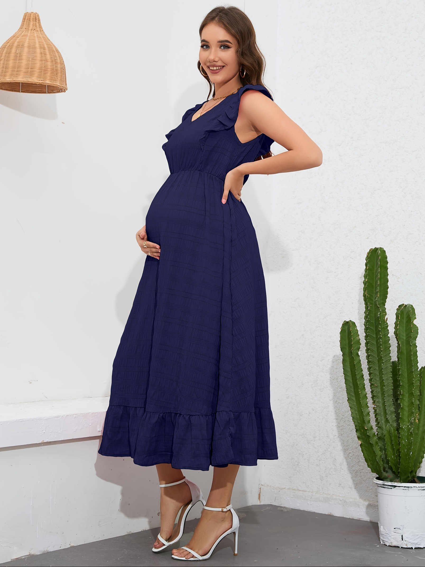sachin and babi light blue dress Momyknows Blue Bandeau Strapless Ruffle Falbala Draped Big Swing Elegant Maternity  Baby Shower Maxi Dress main image 1