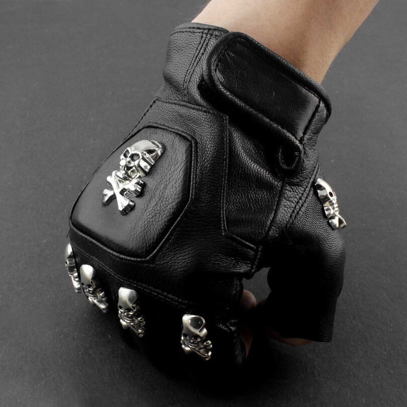 

Mens Real Leather Skull Punk Rocker Driving Motorcycle Biker Fingerless Gloves