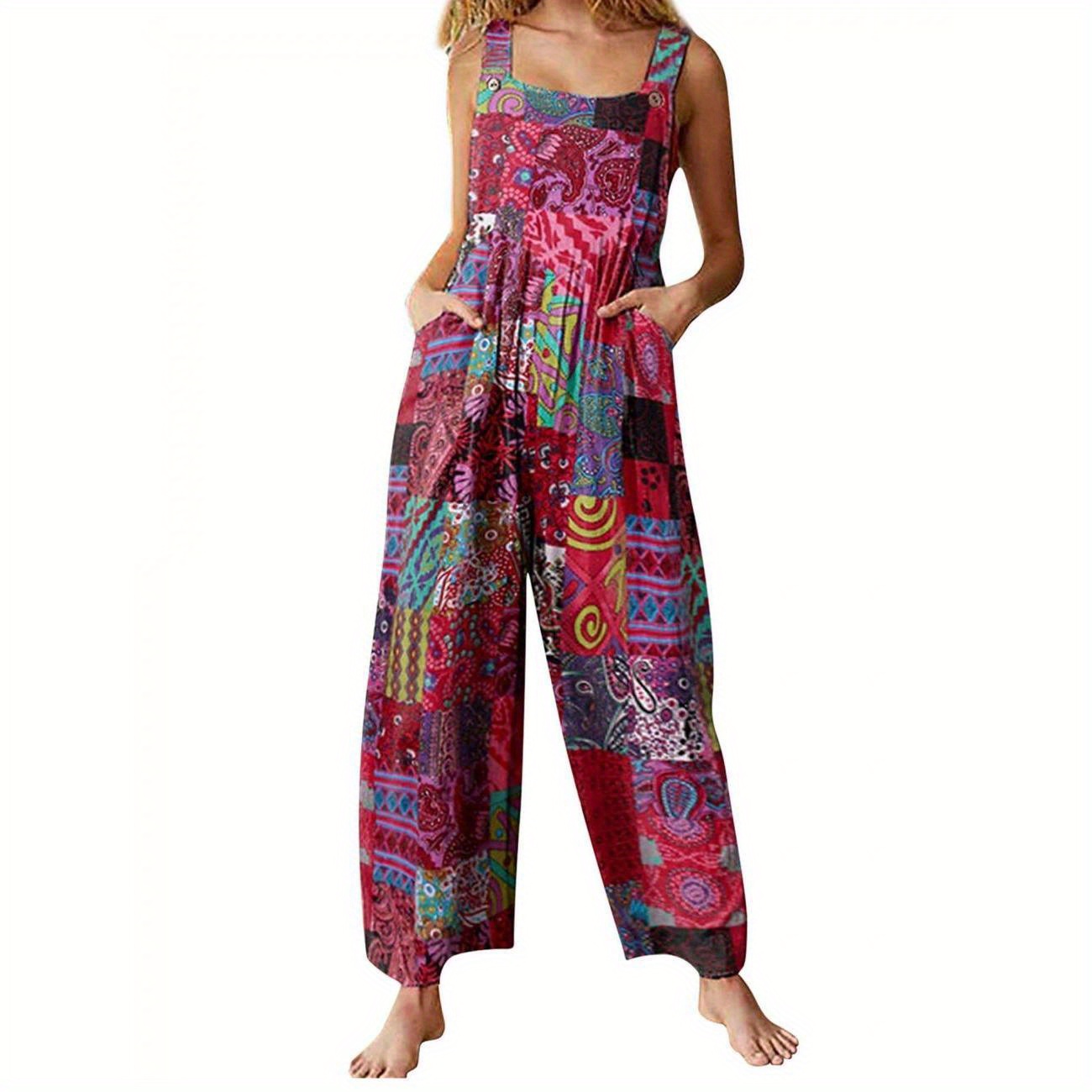 

Allover Print Wide Leg Overall Jumpsuit, Boho Square Neck Loose Overall Jumpsuit With Pocket, Women's Clothing