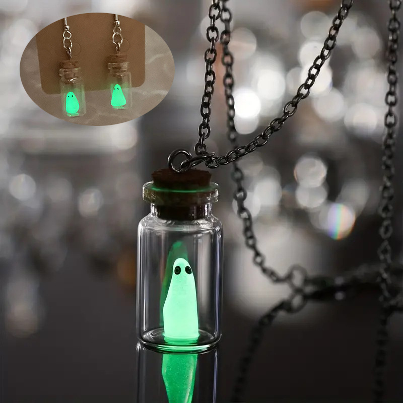 

3pcs Halloween Glow Earrings, In A Bottle Necklace, Halloween Tiny -the-dark Charm Pendant Earrings, Handmade Glow Jewelry Sets Christmas New Year Gifts For Women Teen Girls Boy