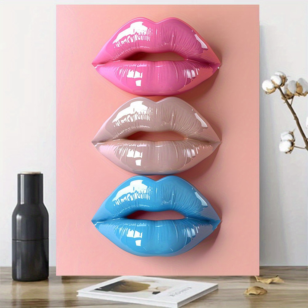 

Unframed Canvas Painting: 3 Lips In Vibrant Colors - Perfect For Your Living Room Or Bedroom - 12x16inch