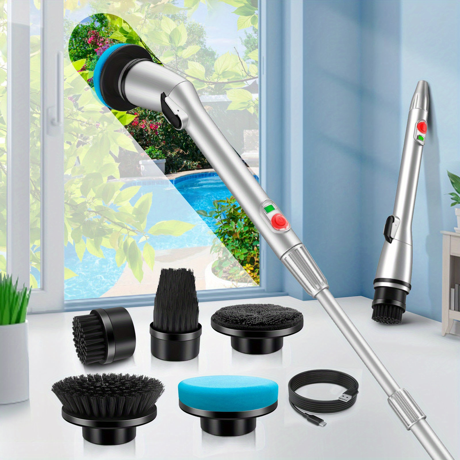 

Powerful Rechargeable Cordless Electric Spin Scrubber, Long Handle Extension Arm For Bathroom, Tub, Tile, Car, And Floor Cleaning With 5 Adjustable Brush Heads