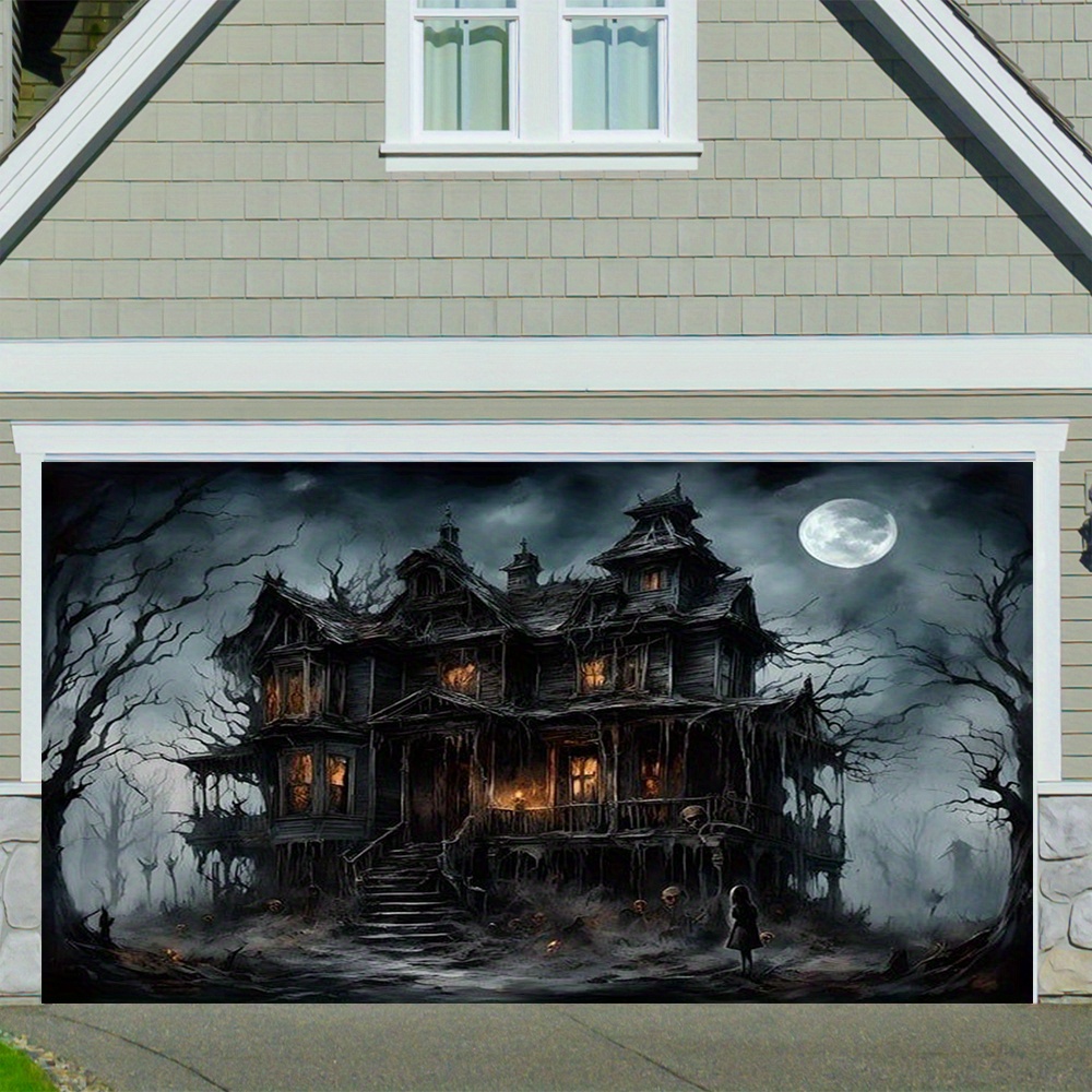 

Spooky Castle Halloween Garage Door Banner - Polyester, Multi-functional Outdoor Decoration For Festivals & Entrances