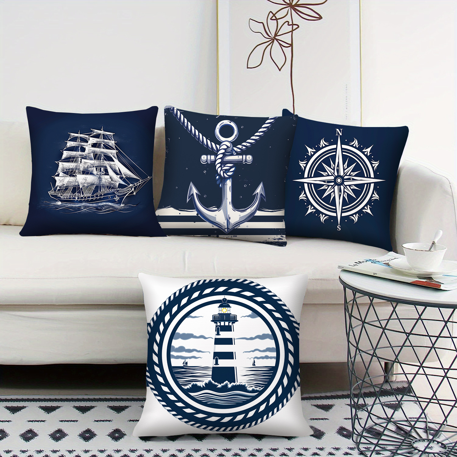 

4-piece Nautical Navy Blue Throw Pillow Covers Set - 18x18 Inch, Coastal Anchor & Lighthouse Designs, Durable Polyester, Zip Closure, Machine Washable - Perfect For Sofa, Couch, And Bedroom Decor